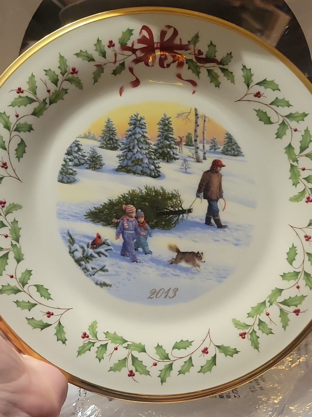 Lenox Holiday Plate in White, Green & Gold with Winter Tree Scene